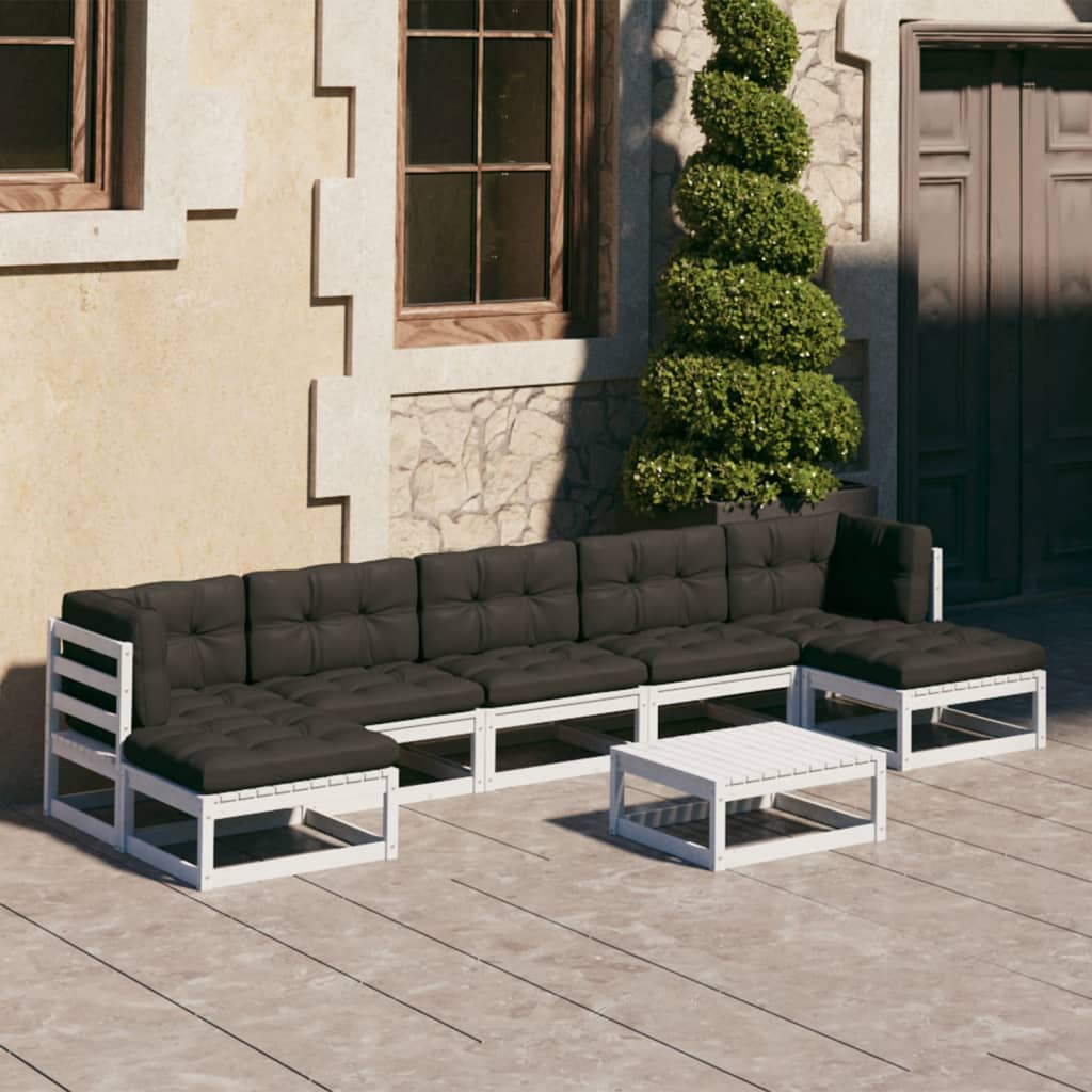 8-tlg. Garten-Lounge-Set mit Kissen Weiss Kiefer Massivholz